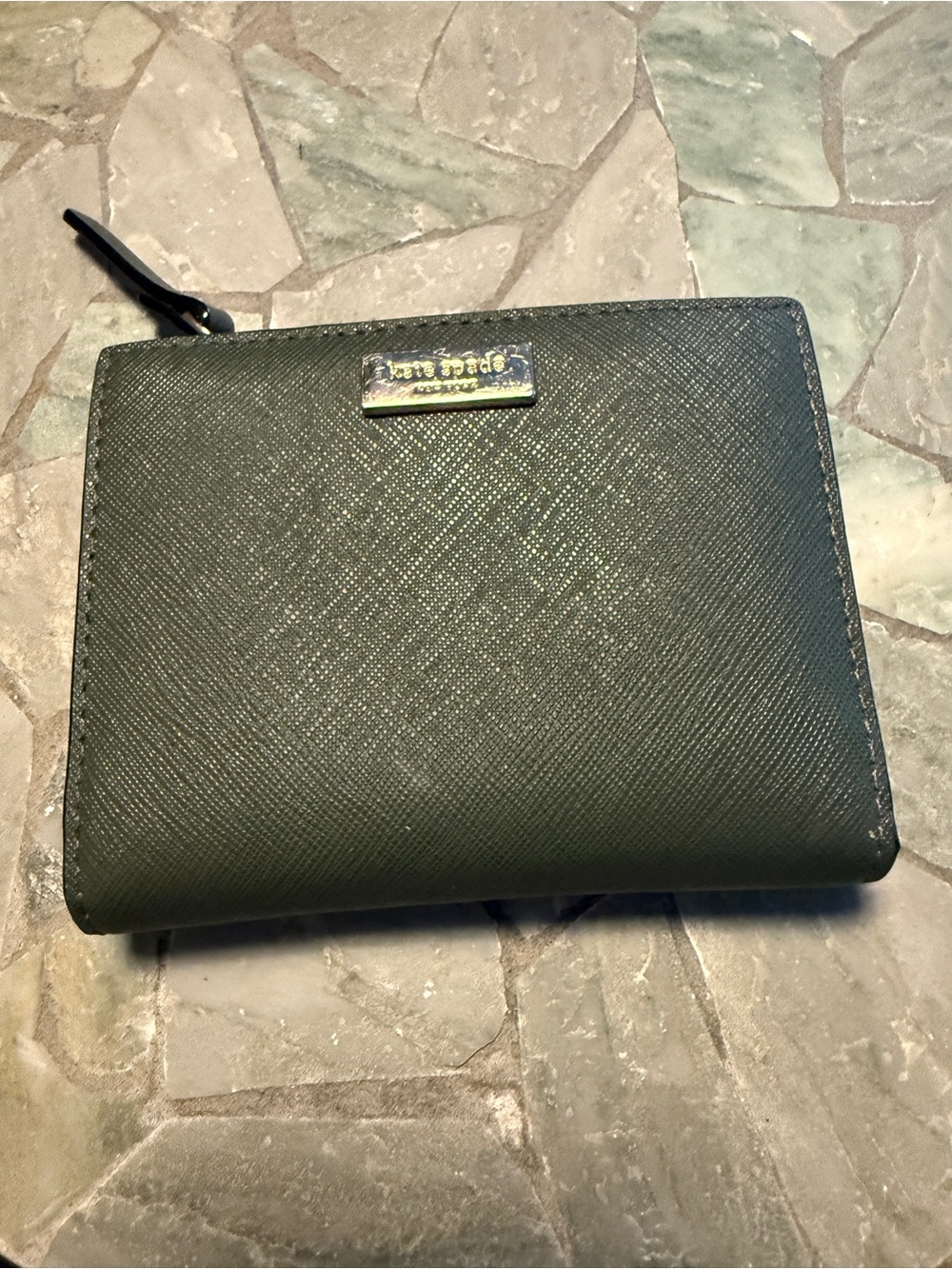 kate spade Green Saffiano Leather Bifold Wallet with Zip Pocket